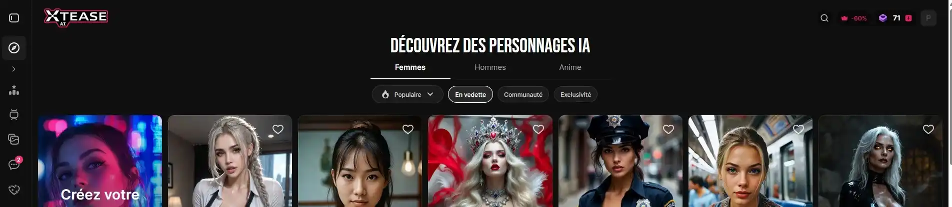 Xtease AI review — interface identiek aan Lovescape in donker thema