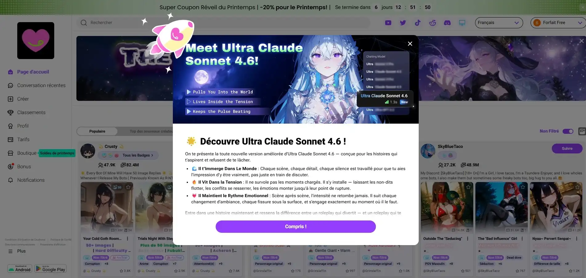 CrushOn AI review — interface en LLM-modellen Ultra Claude Sonnet