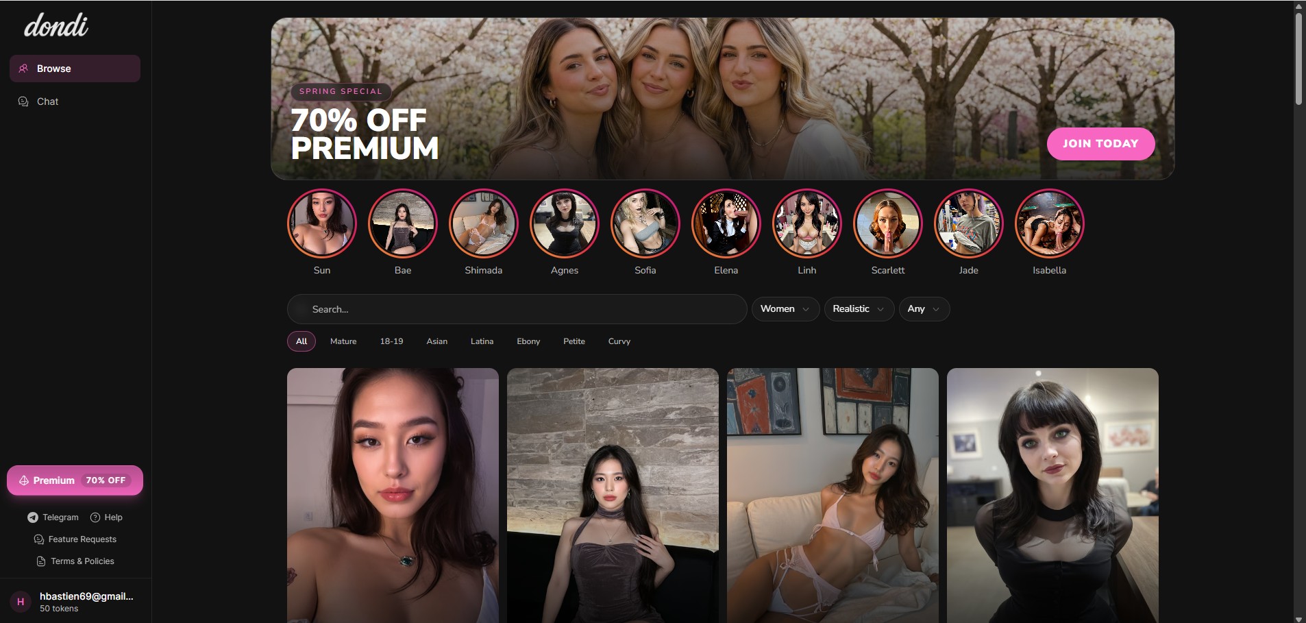Dondi.ai review — Browse-startpagina met characters-catalogus, Spring Special 70% OFF banner, etniciteit filters