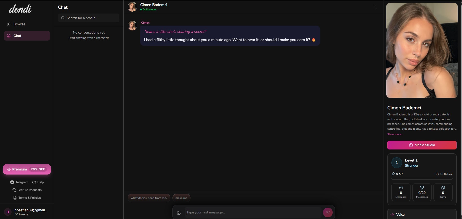 Dondi.ai review — chat interface met character Cimen Bademci, Media Studio sidebar rechts, Level 1 Stranger gamification met XP-balk, Messages / Milestones / Days tellers