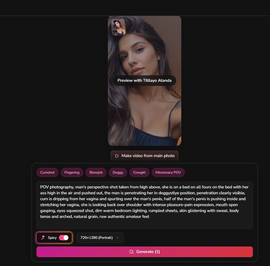 Dondi.ai review — Media Studio interface met videogeneratie, character preview, voorgedefinieerde tags, gedetailleerde geassisteerde prompt, Spicy toggle en Generate-knop