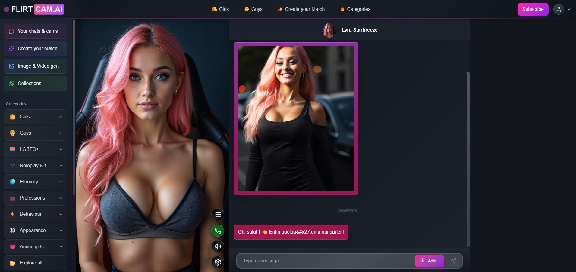 FlirtCam.AI review — sidebar categorieën en navigatie