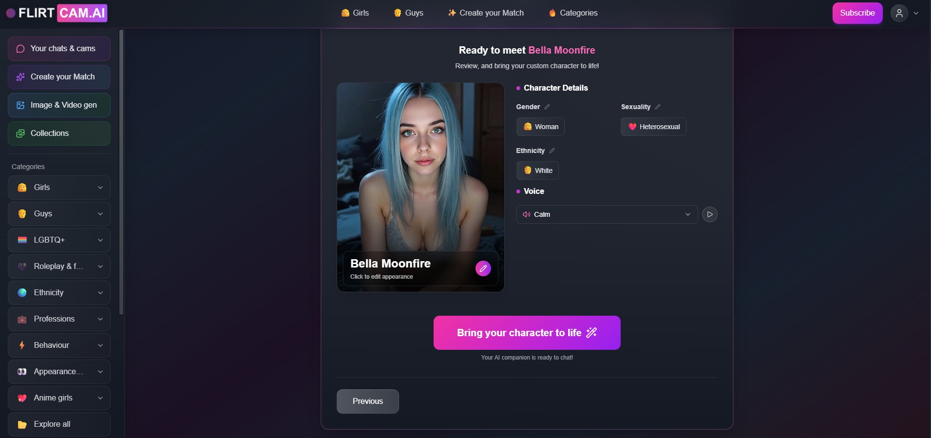FlirtCam.AI review — gedetailleerde personage-personalisatiepagina
