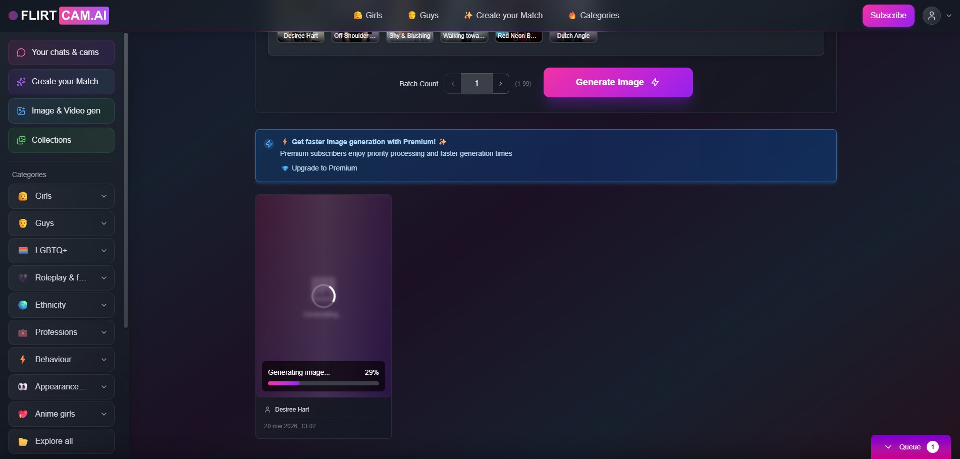 FlirtCam.AI review — afbeeldinggeneratie-interface in de chat