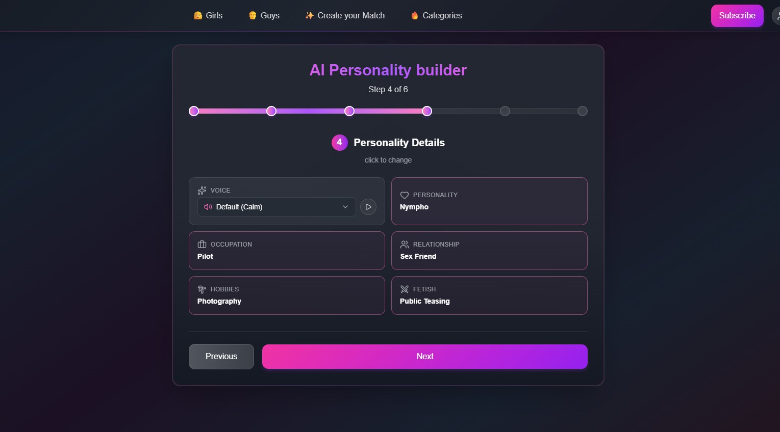 FlirtCam.AI review — AI Personality builder stap 4 van 6: personality, occupation, relationship, hobbies, fetish