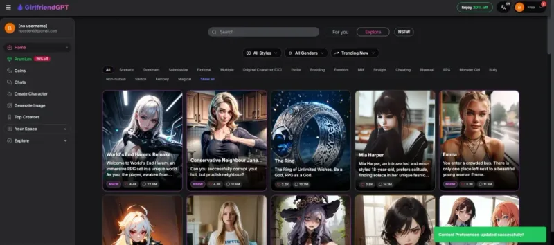 GirlfriendGPT Review — ultrabrede catalogus en NSFW-tags