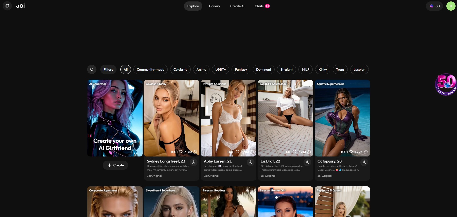 Joi AI review — personagegalerij met filters en categorieën