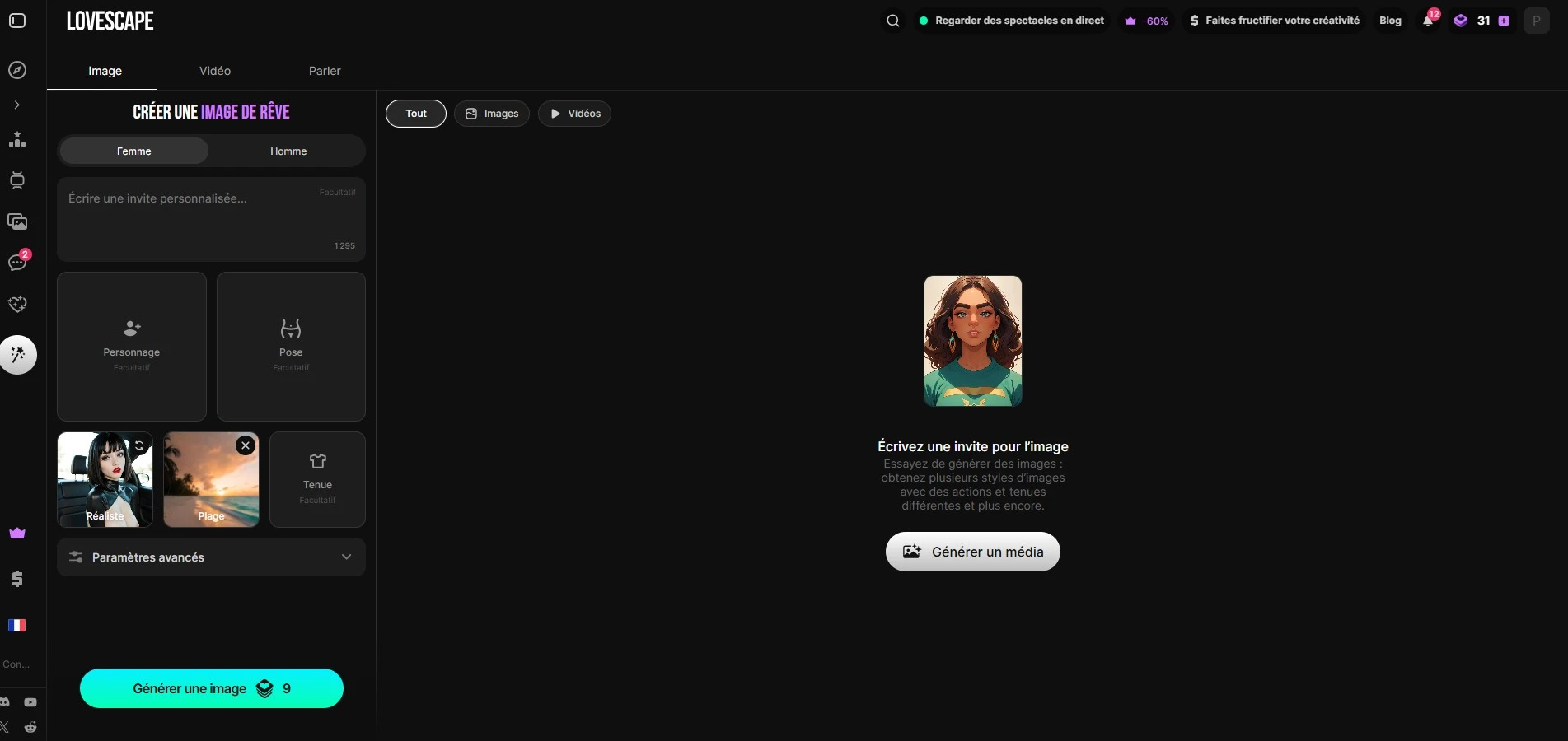 Lovescape review — beeldcreatie-interface met Vrouw/Man-tabs