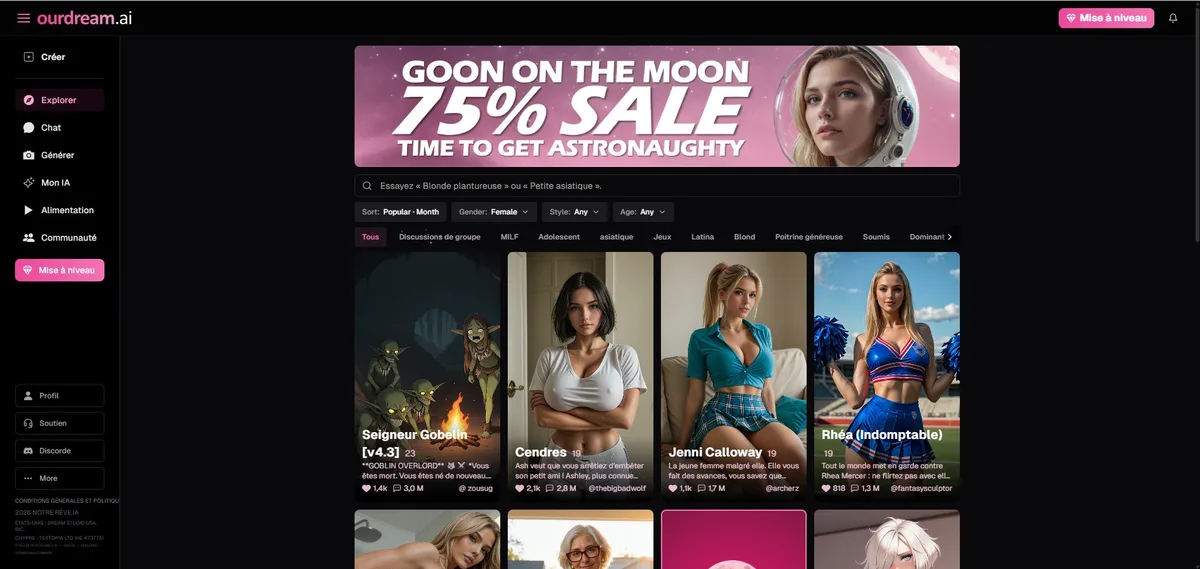 OurDream AI Review — Explorer-pagina met de creators community