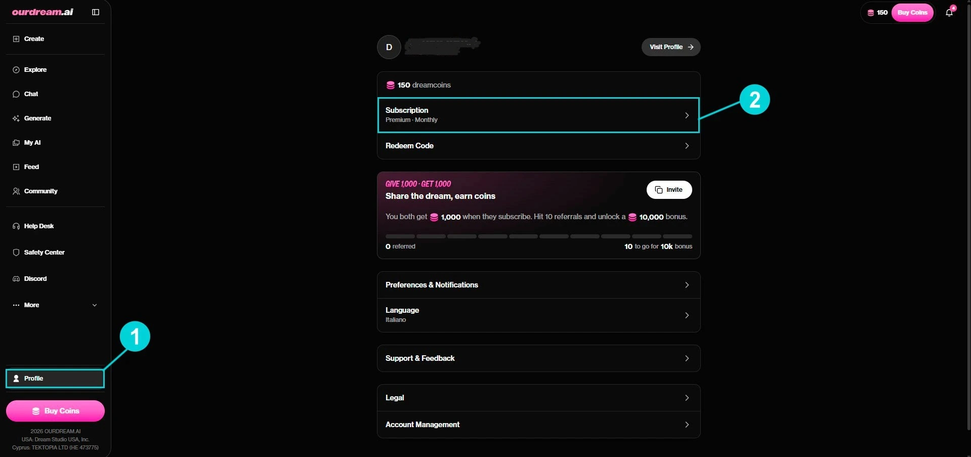 OurDream AI: profielpagina, toegang tot de Subscription-kaart
