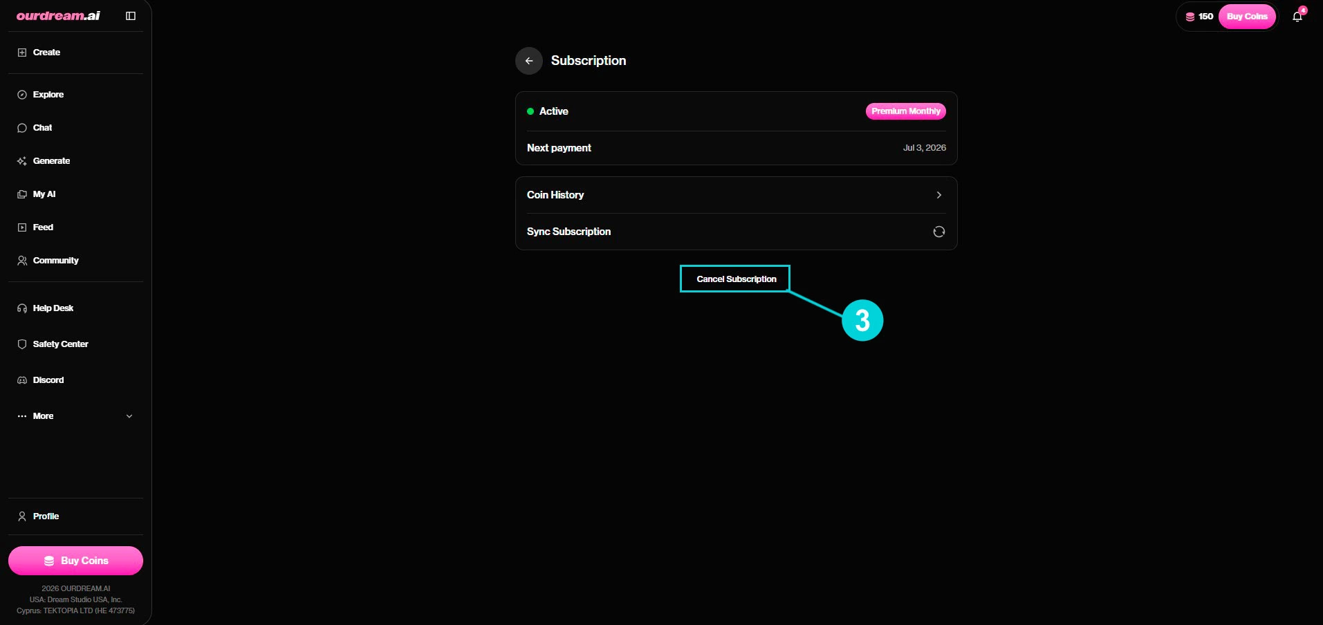 OurDream AI: Subscription-pagina, knop Cancel Subscription