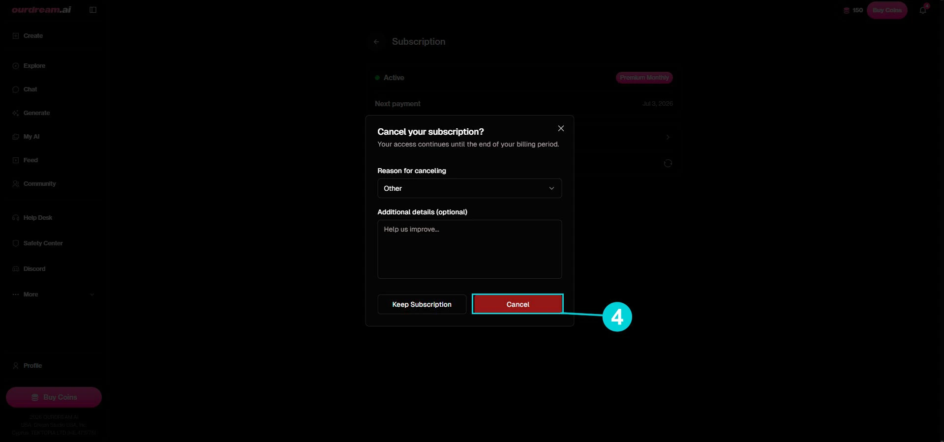 OurDream AI: bevestigingsvenster Cancel your subscription