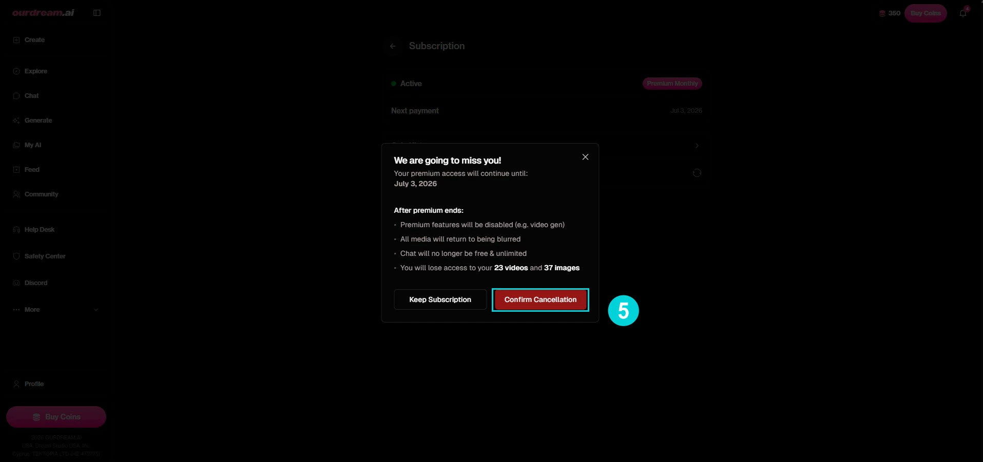 OurDream AI: samenvatting einde abonnement en Confirm Cancellation