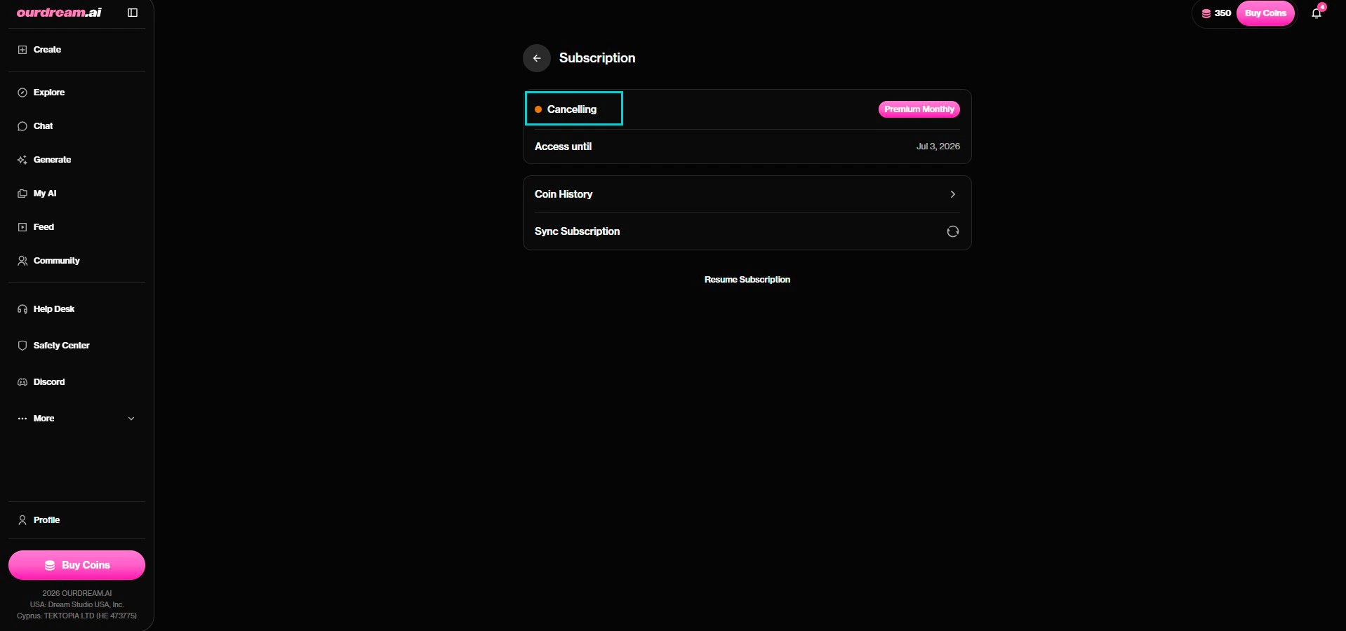 OurDream AI: status Cancelling, toegang tot de datum, Resume Subscription