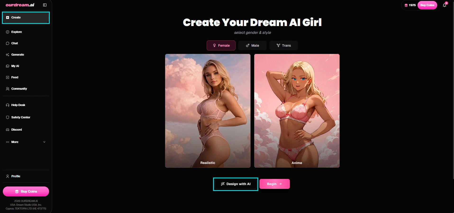 OurDream AI: pagina Create Your Dream AI Girl, knop Design with AI
