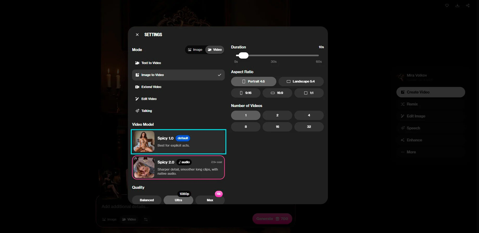 OurDream AI: video-instellingen — duur, Spicy-model, kwaliteit