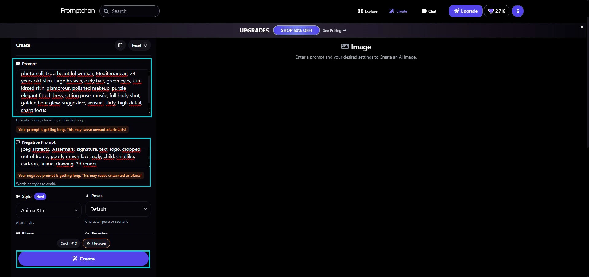Promptchan: ingevulde Prompt en Negative Prompt, actieve Create-knop