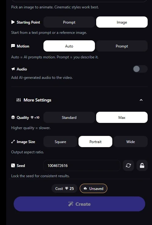 Promptchan: Animate-paneel — Starting Point, Motion, Audio, Quality, Image Size, Seed en Gem-kost