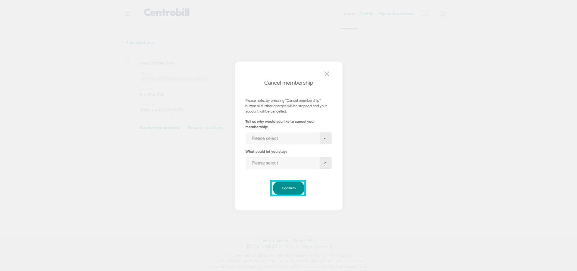 Centrobill: Cancel membership pop-up, Confirm-knop