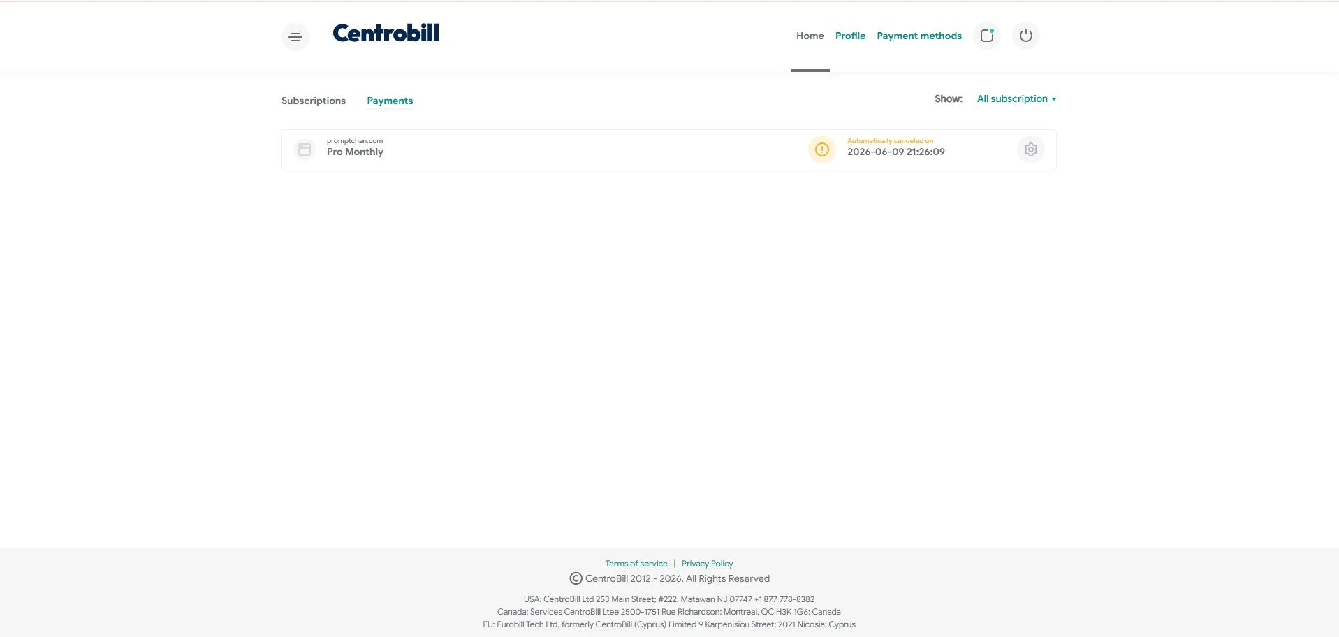 Centrobill: abonnement Automatically canceled on, opzegging bevestigd