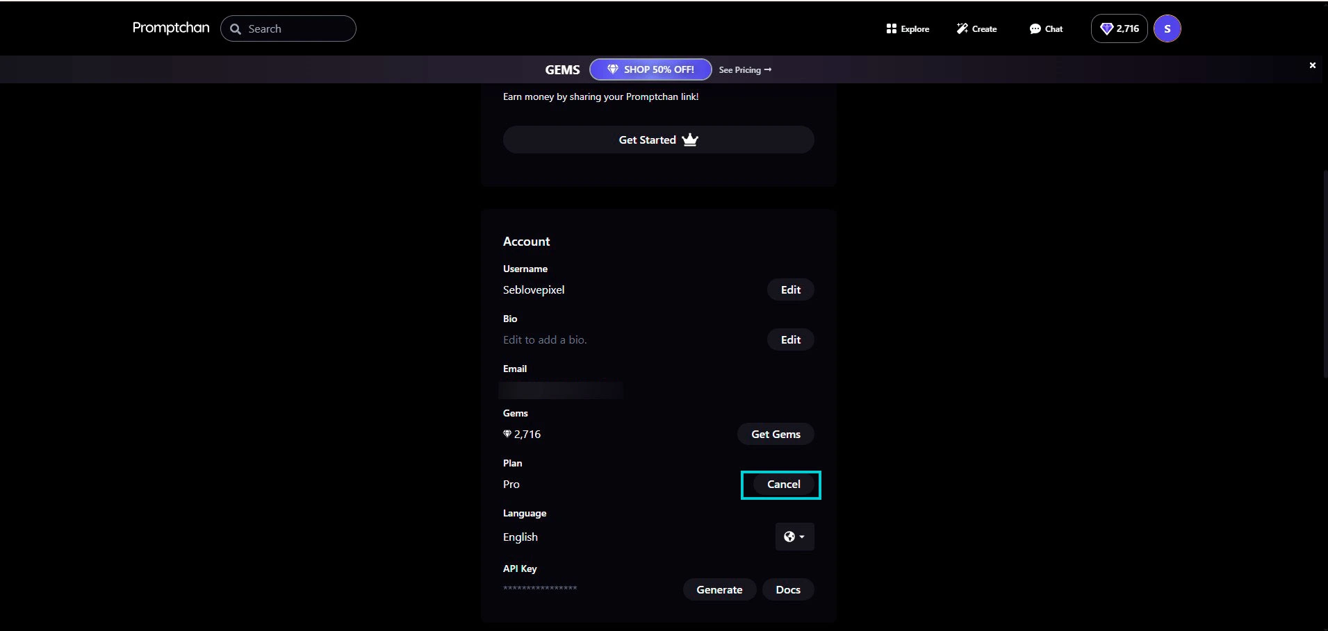 Promptchan: sectie Account, Cancel-knop naast het Pro-plan