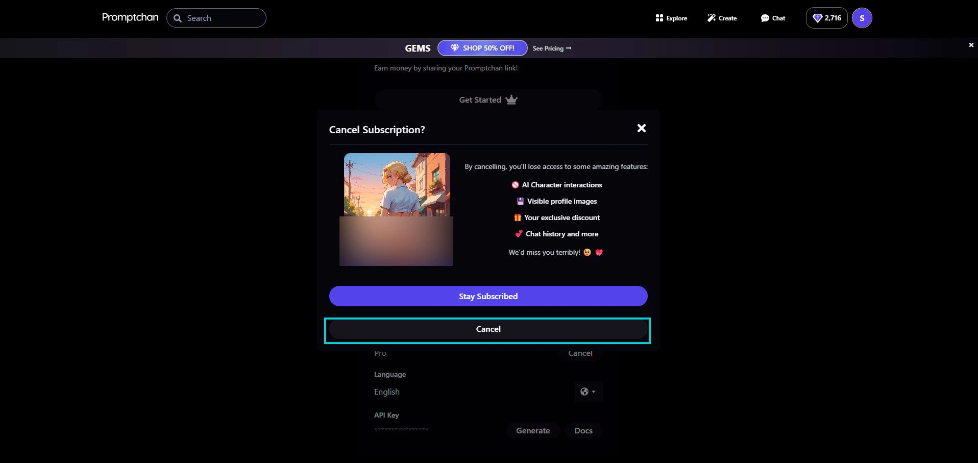 Promptchan: Cancel Subscription pop-up, wat je verliest bij opzeggen