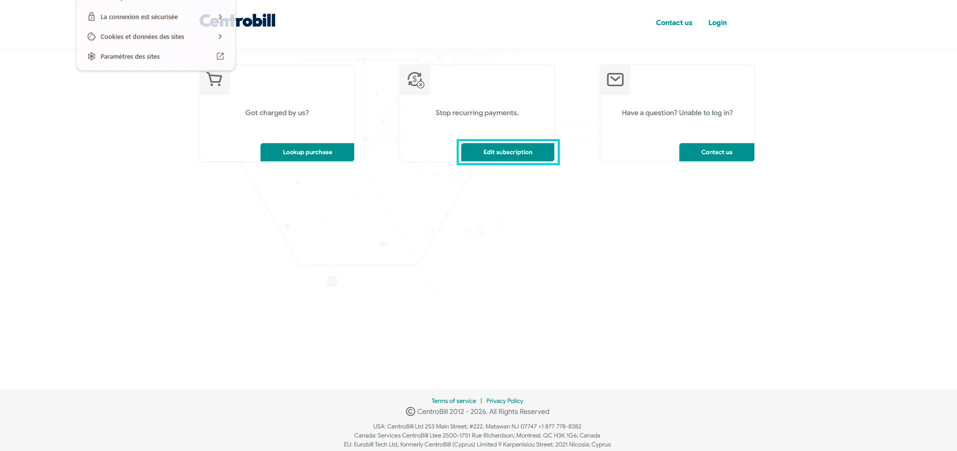 Centrobill: Stop recurring payments, Edit subscription-knop