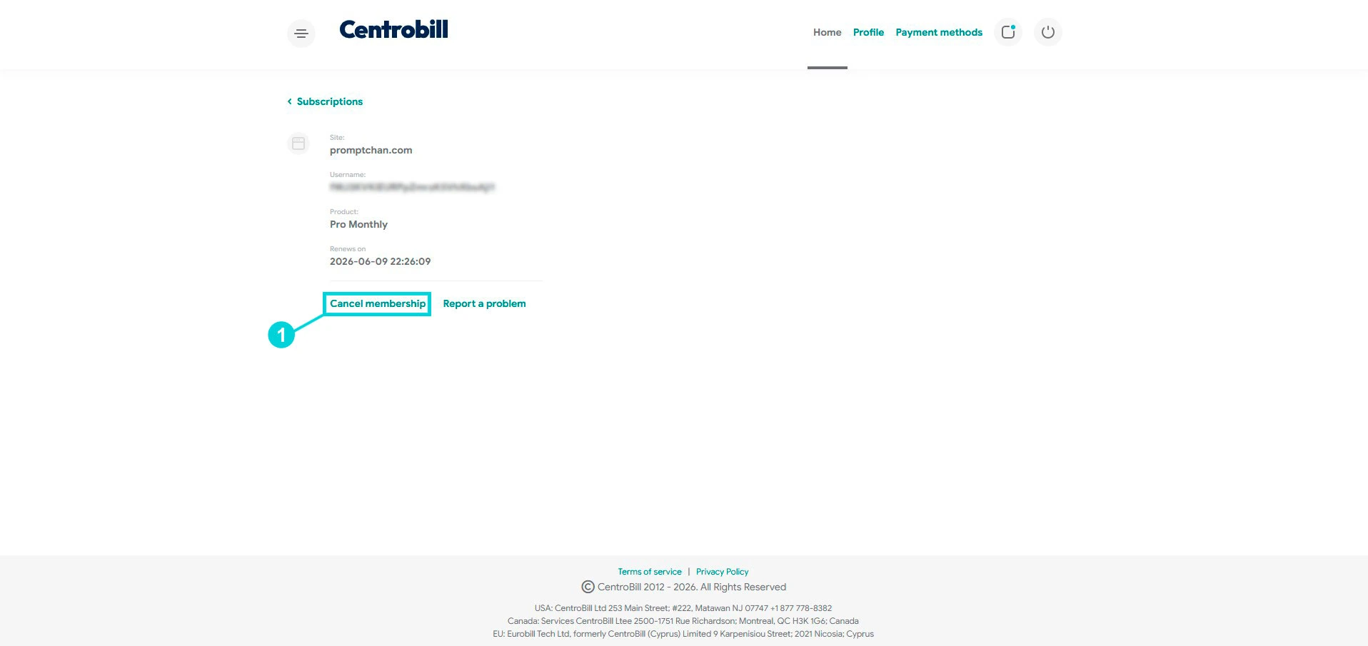 Centrobill: abonnementskaart, Cancel membership-link