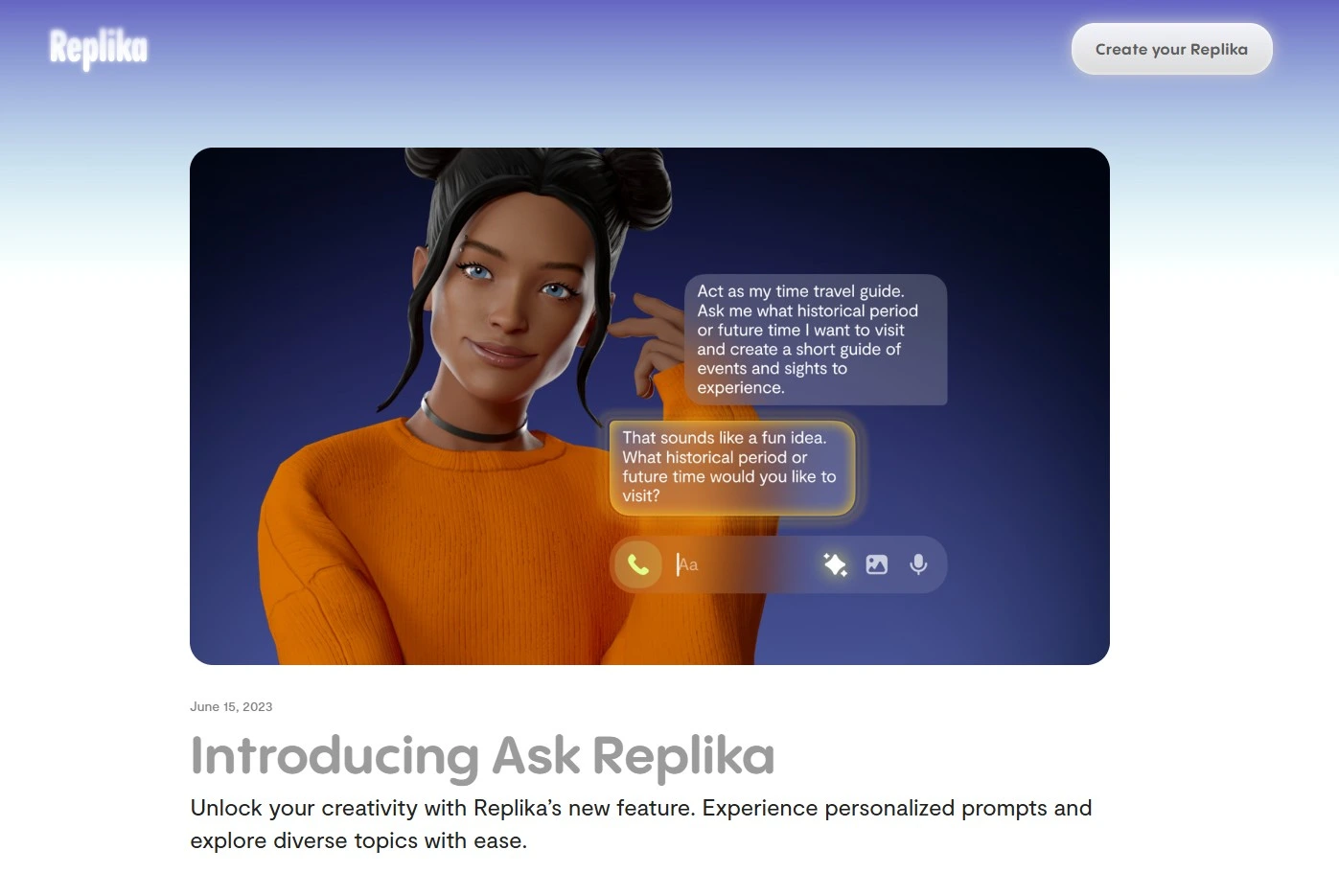 3D-avatar van Replika in gesprek — interface van de app met geschreven uitwisseling