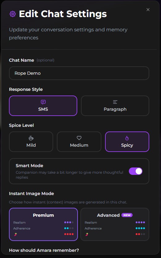 Secrets AI review — dialooginstellingen
