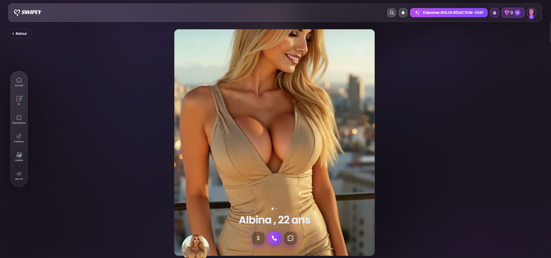 Swipey AI review — Albina 22 jaar, Tinder-stijl profiel