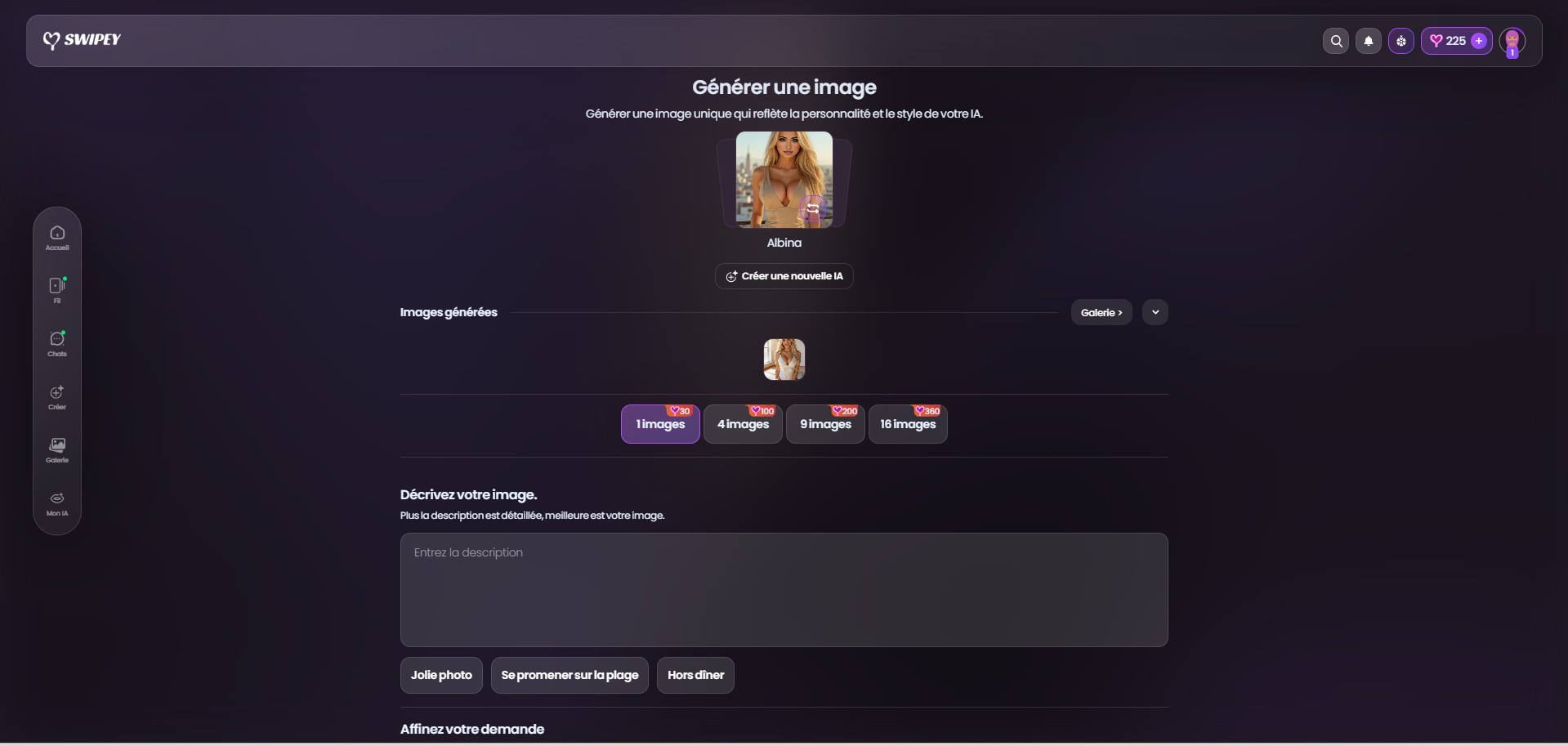 Swipey AI: interface beeldgenerator met Albina, kosten tiers en prompt suggesties