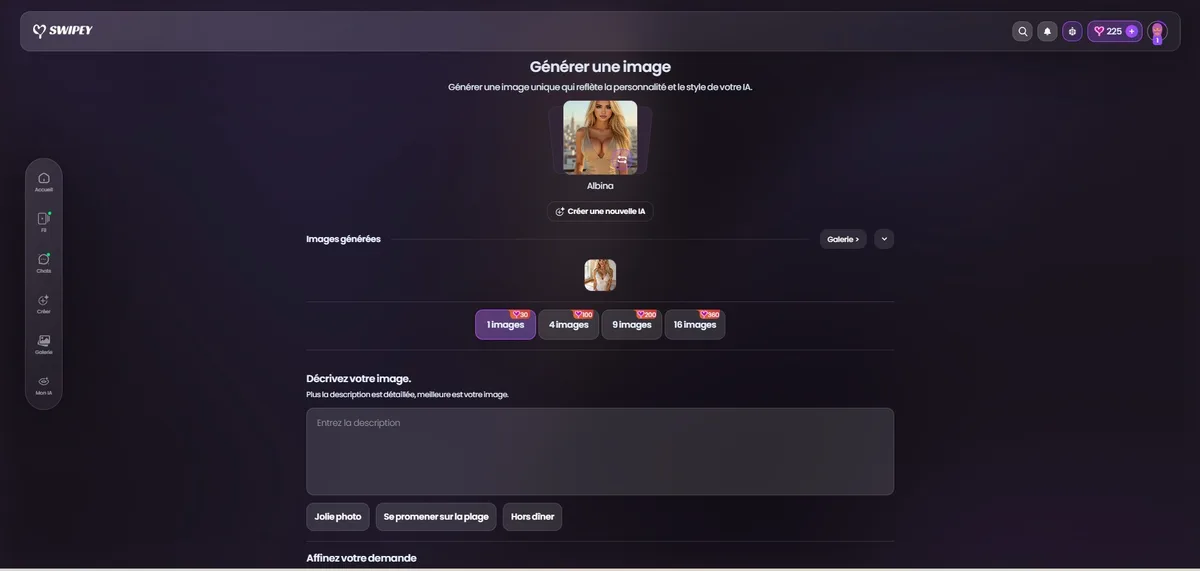 Swipey AI: interface beeldgenerator met Albina, kosten tiers en prompt suggesties
