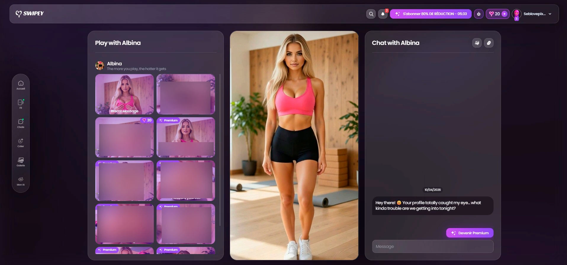 Albina Swipey AI — capture regisseur-modus, sportschool-setting (NSFW-zones geblurd)