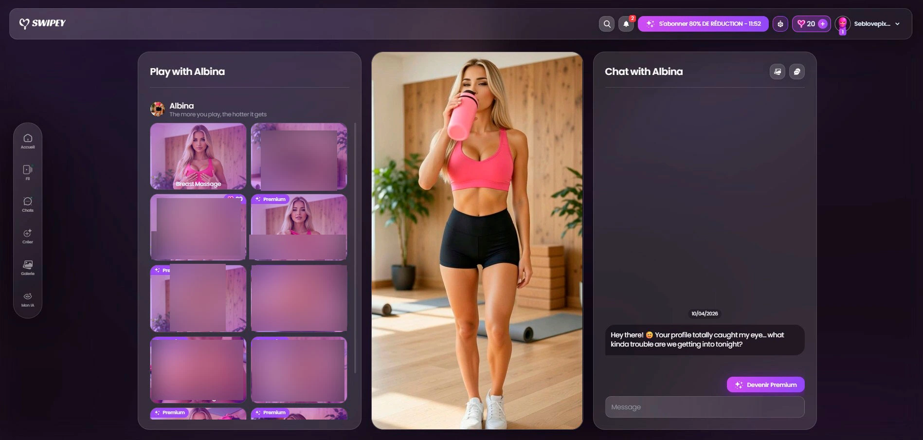 Albina Swipey AI — capture van haar profiel in de app, Tinder-formaat