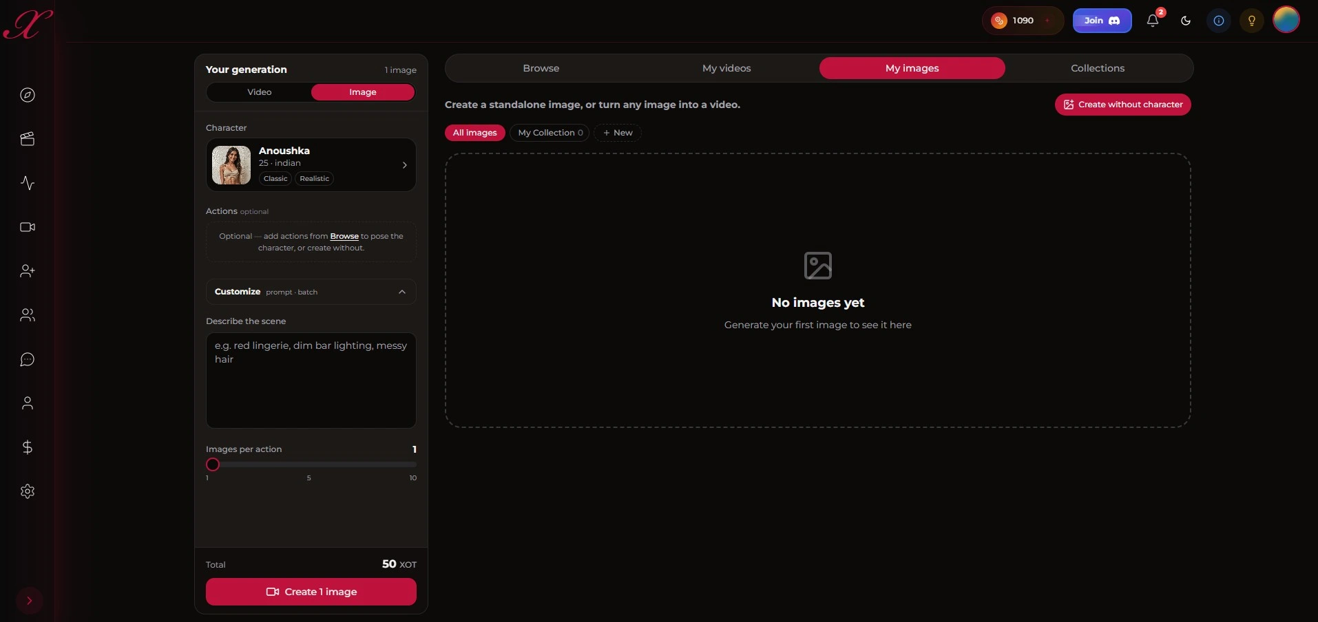 Xotic AI: interface beeldgenerator, tab My images geselecteerd