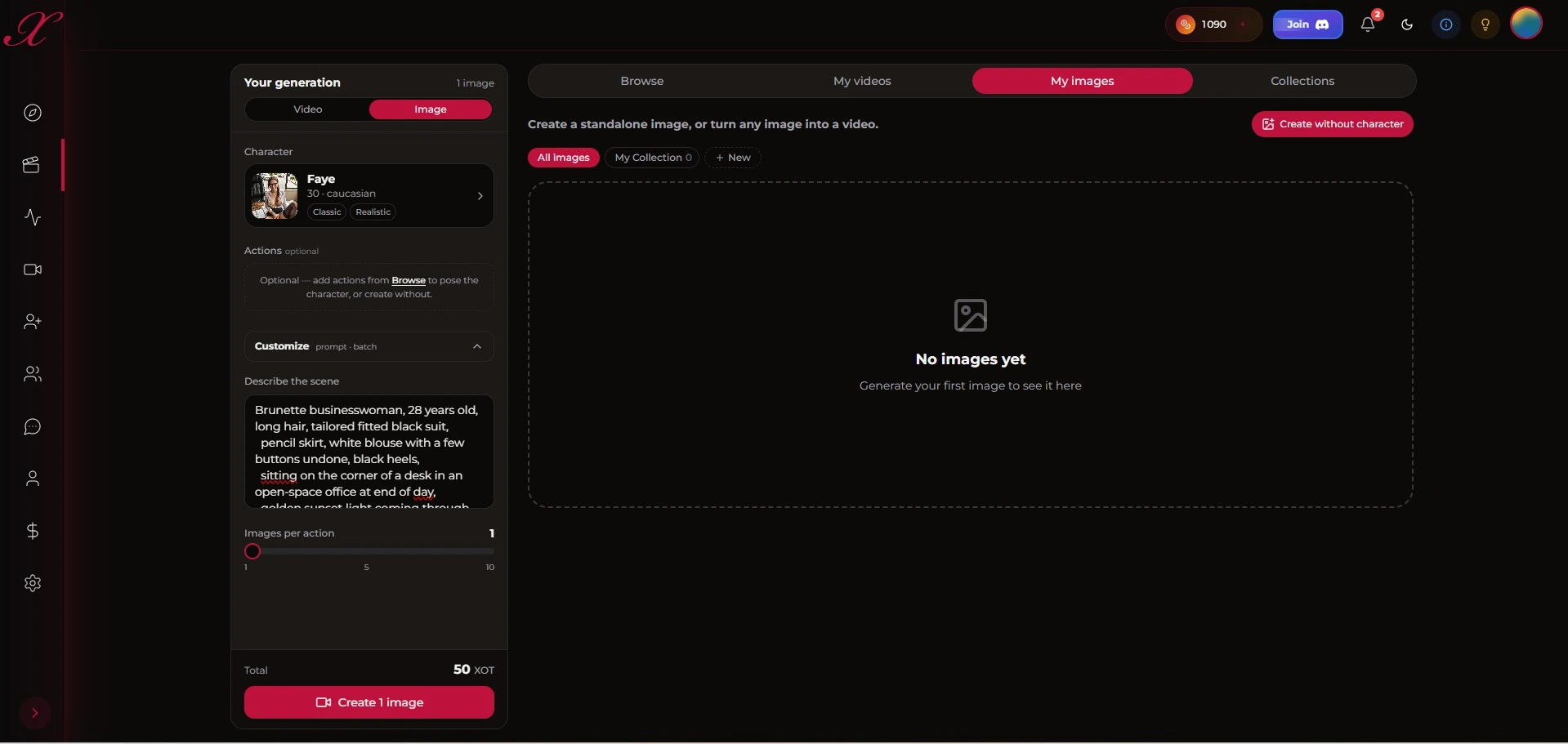 Xotic AI: configuratie afbeelding met personage Faye en gedetailleerde businesswoman prompt