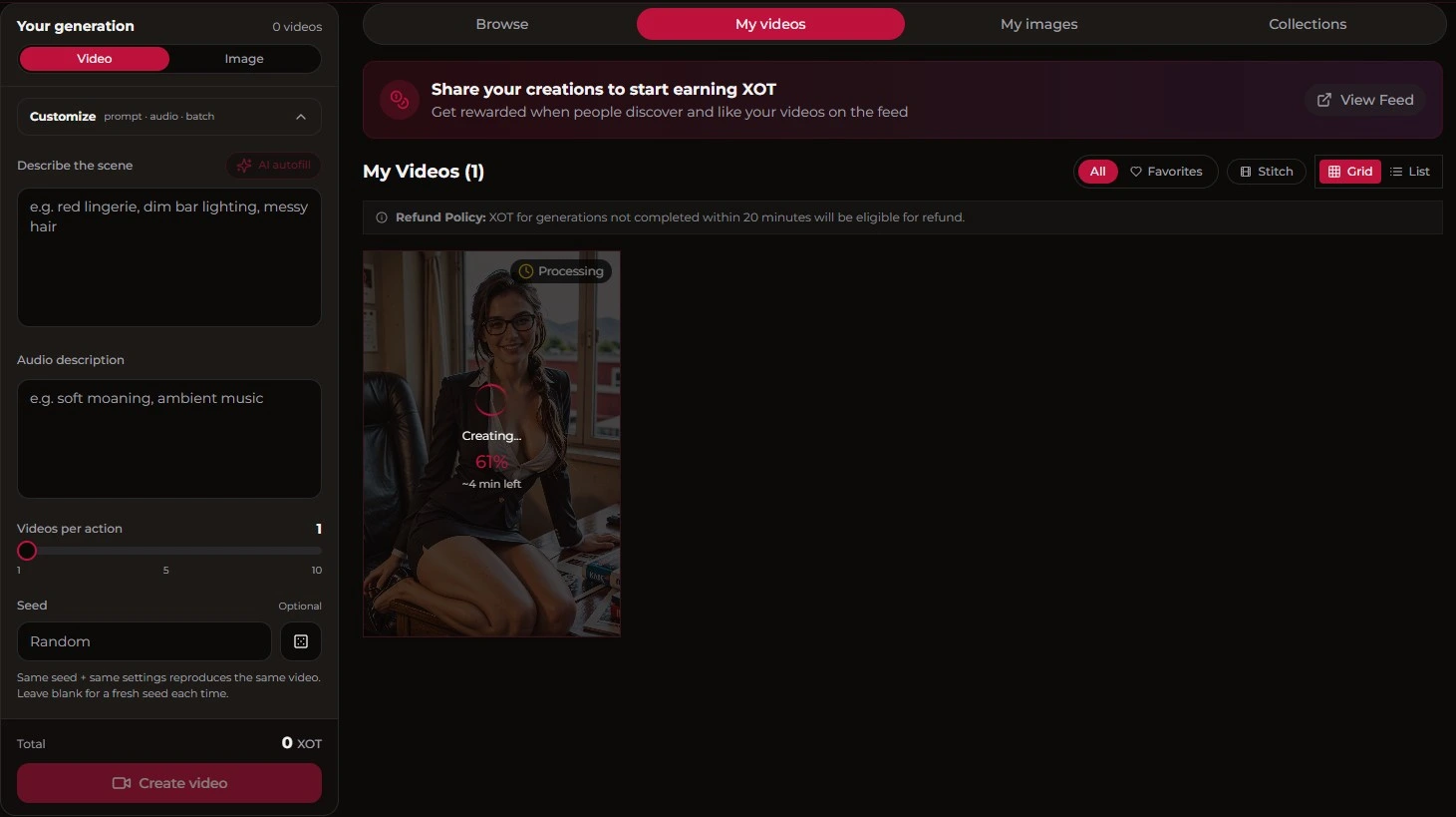 Xotic AI: video-generatie interface met audio description, seed en refund policy
