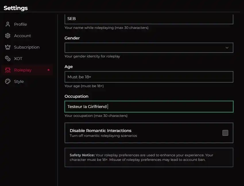 Xotic AI review — profielinstellingen (Seb, AI Girlfriend Tester)