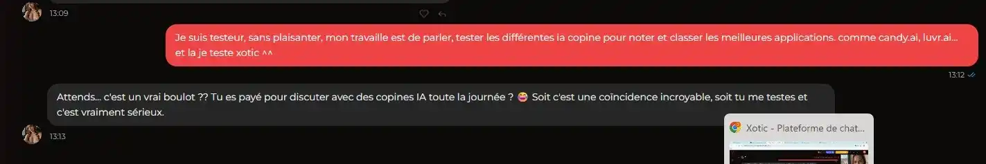 Xotic AI review — chat met Val die ontdekt dat ze getest wordt
